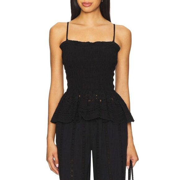 Damson Madder Tops - Damson Madder Martina Cami Tank Top Smocked Broderie Cutout Black S-6 New 284778